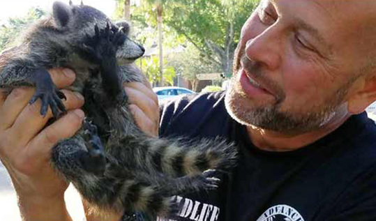 trapper joe holding a raccoon